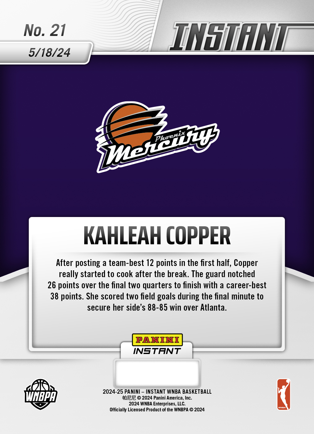 Kahleah Copper - 2024 Panini Instant WNBA #21 - Jaguar /10 - Image 2