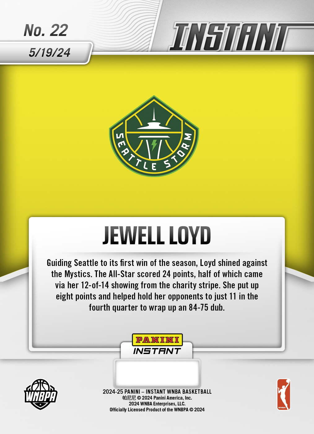 Jewell Loyd - 2024 Panini Instant WNBA #22 - Jungle /25 - Image 2