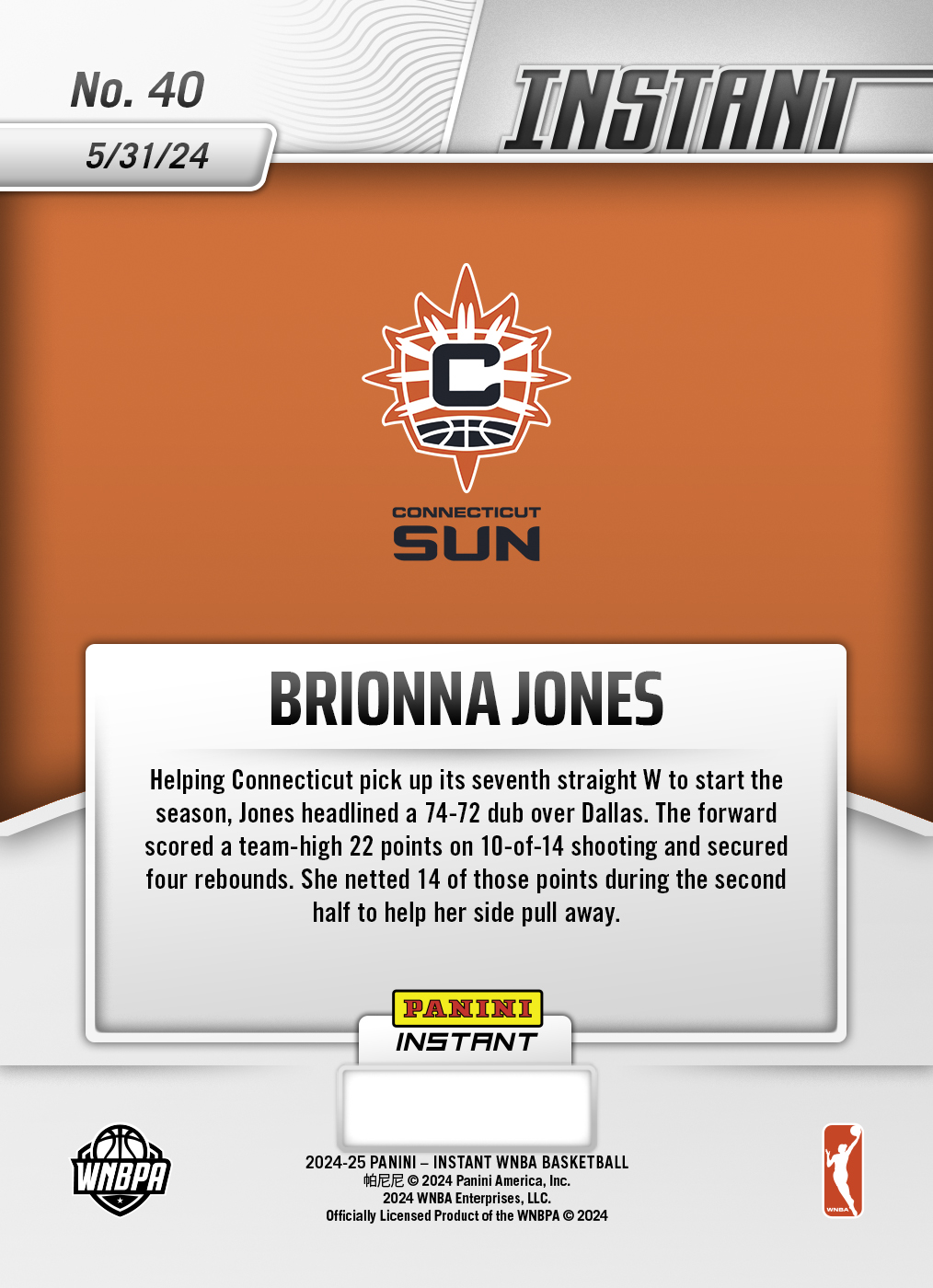 Brionna Jones - 2024 Panini Instant WNBA #40 - Jaguar /10 - Image 2