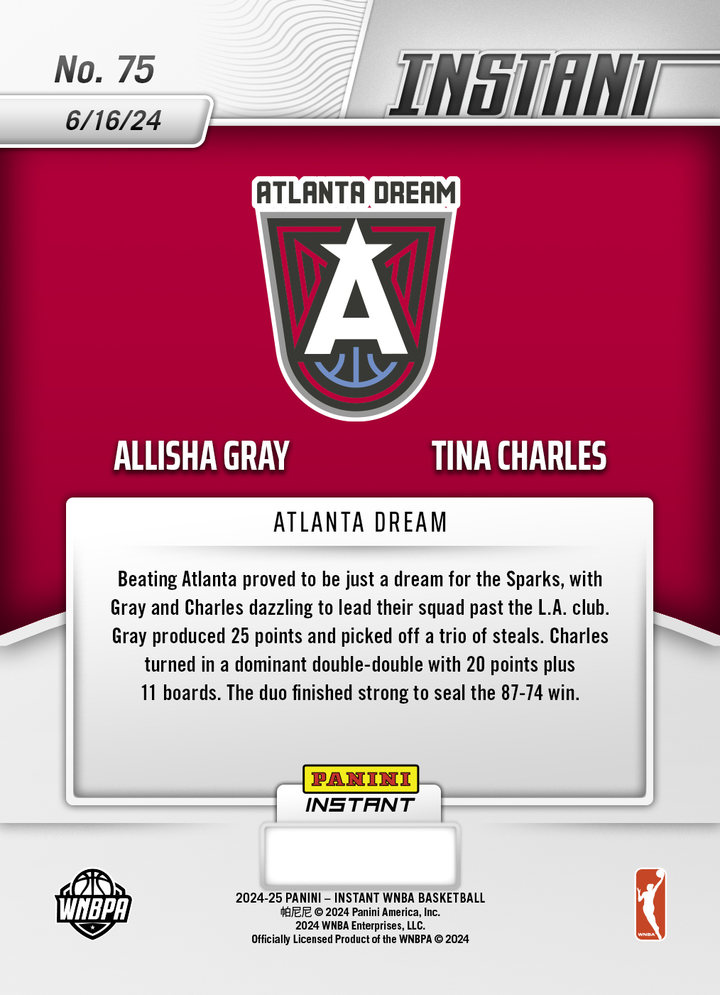 Allisha Gray/Tina Charles - 2024 Panini Instant WNBA #75 - Jungle /25 - Image 2