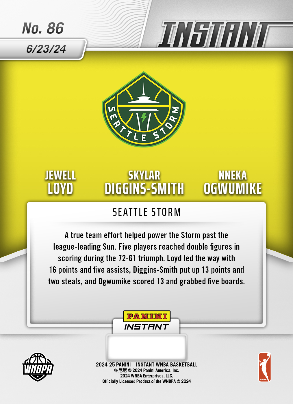 Jewell Loyd/Skylar Diggins-Smith/Nneka Ogwumike - 2024 Panini Instant WNBA #86 - Jungle /25 - Image 2