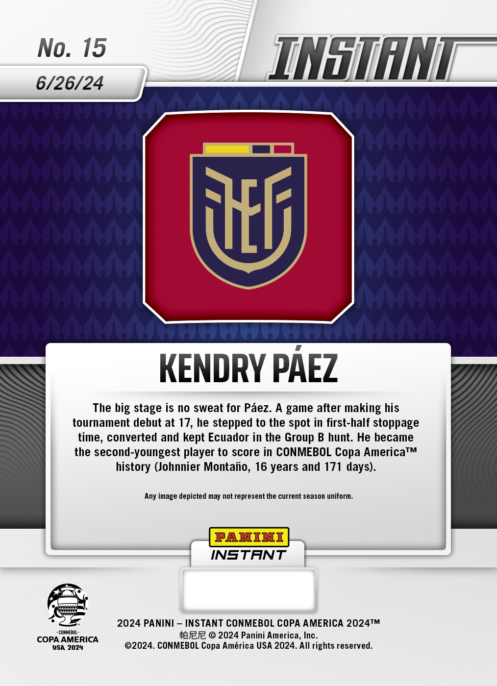Kendry Paez - Panini Instant Copa America #15 - Red /25 - Image 2