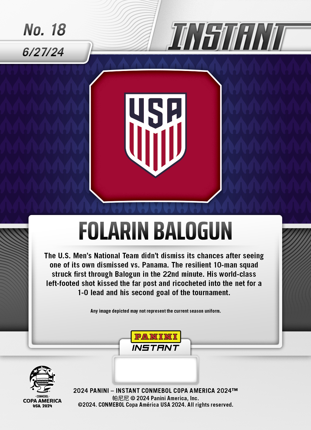 Folarin Balogun - Panini Instant Copa America #18 - Black 1/1 - Image 2