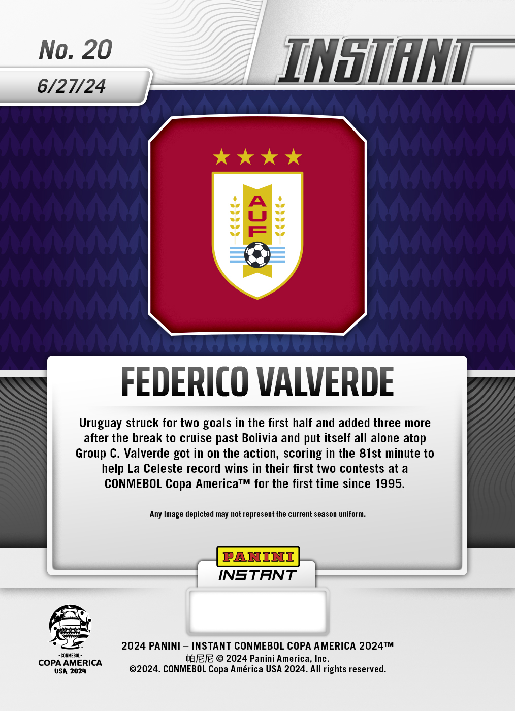 Federico Valverde - Panini Instant Copa America #20 - Blue & Red /5 - Image 2