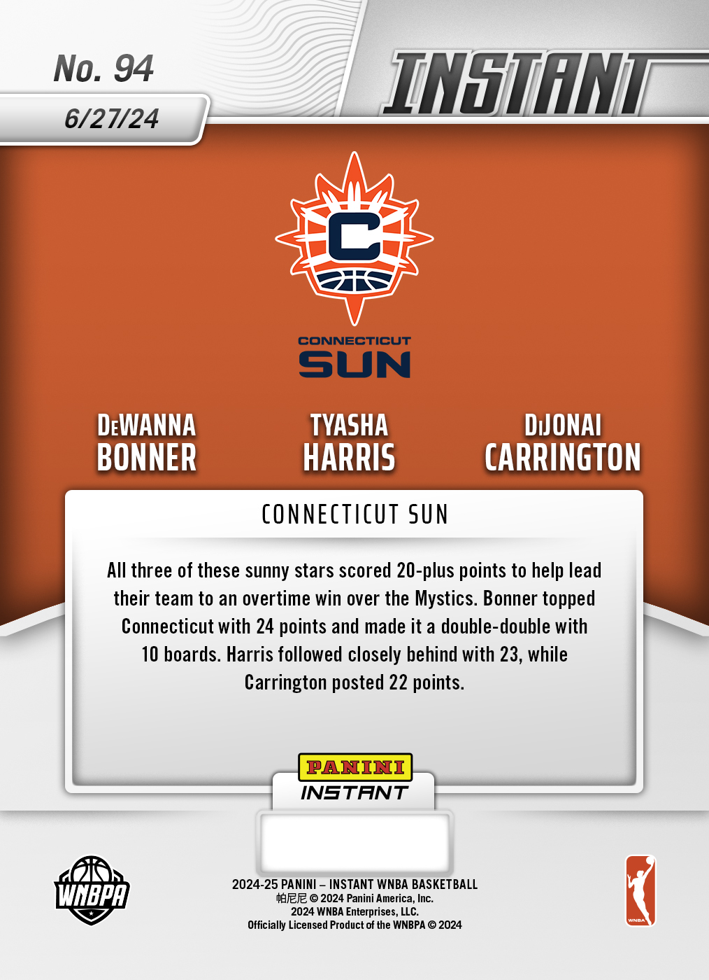 DeWanna Bonner/Tyasha Harris/Dijonai Carrington - 2024 Panini Instant WNBA #94 - Jungle /25 - Image 2