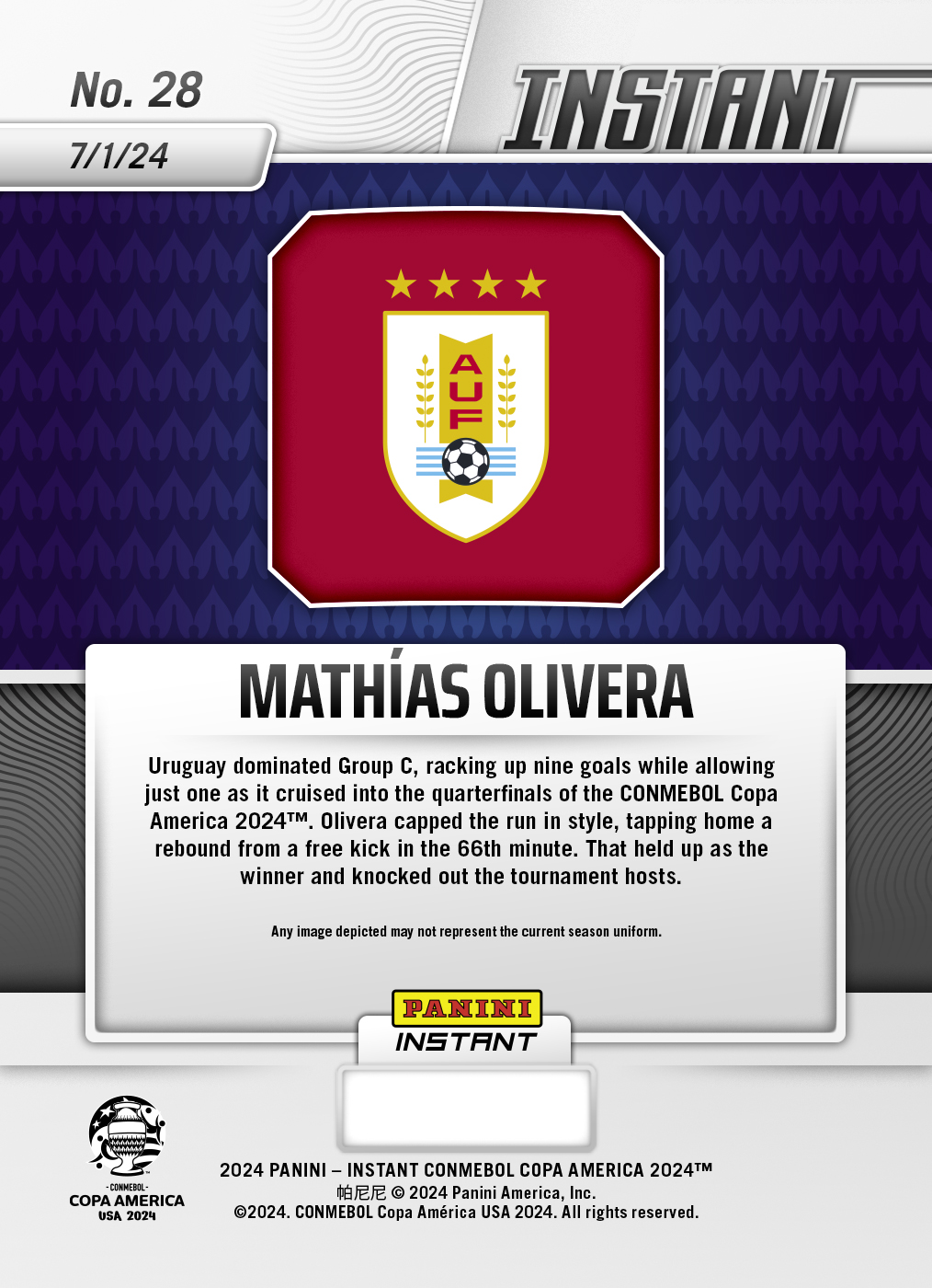 Mathias Olivera - Panini Instant Copa America #28 - Blue & Red /5 - Image 2