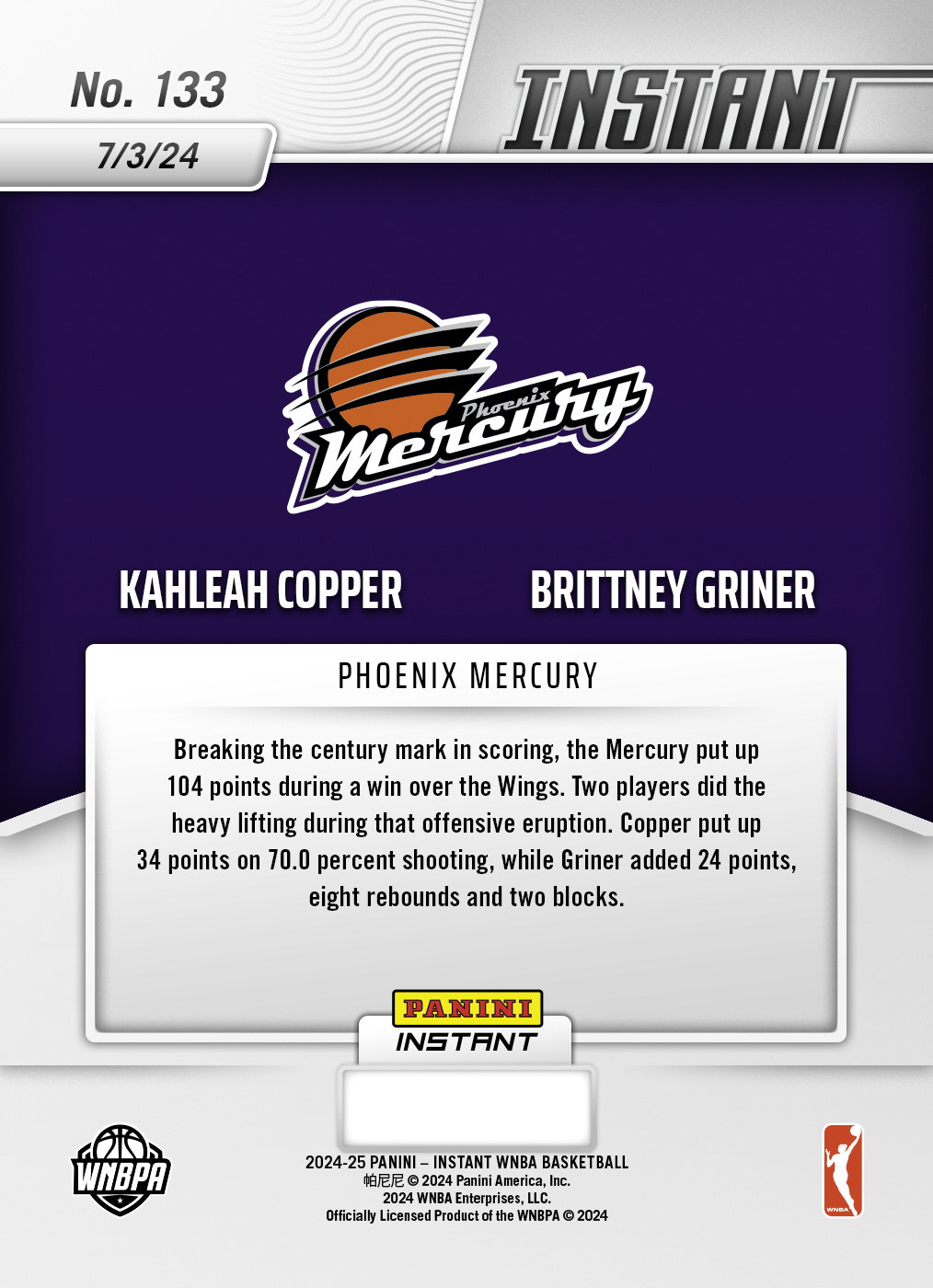 Kahleah Copper/Brittney Griner - 2024 Panini Instant WNBA #133 - Jungle /25 - Image 2