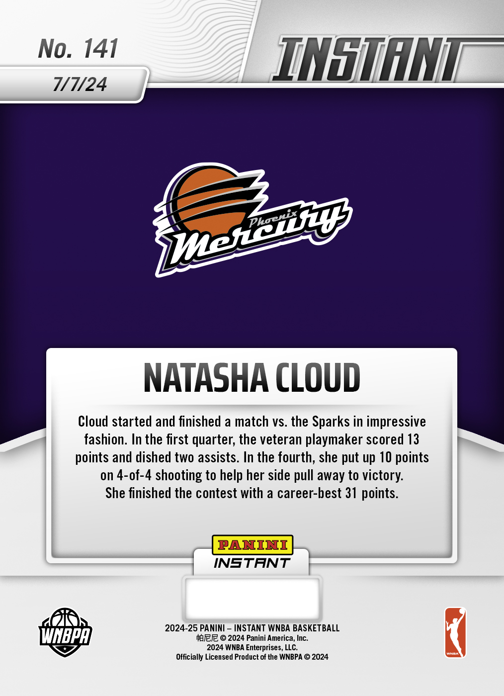 Natasha Cloud - 2024 Panini Instant WNBA #141 - Jungle /25 - Image 2