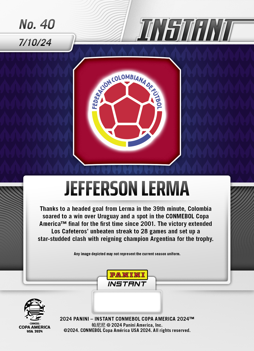 Jefferson Lerma - Panini Instant Copa America #40- Red /25 - Image 2