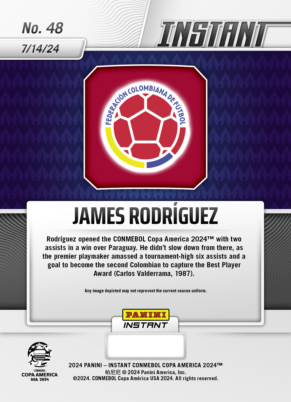 James Rodriguez - Panini Instant Copa America #48 - Red /25 - Image 2