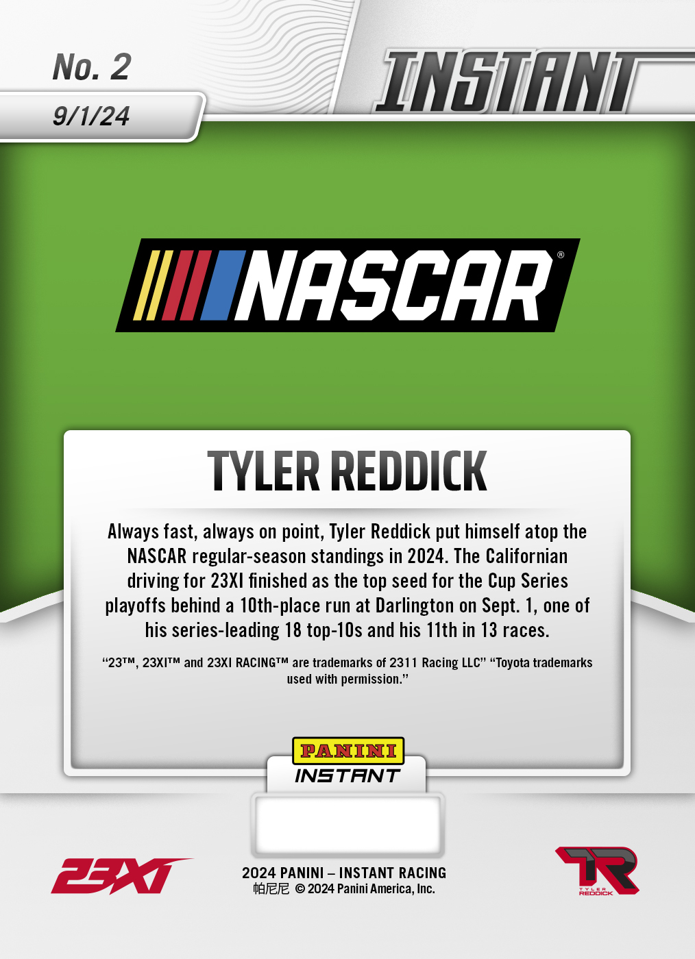 Tyler Reddick - 2024 Panini Instant NASCAR #2 - Jaguar /10 - Image 2