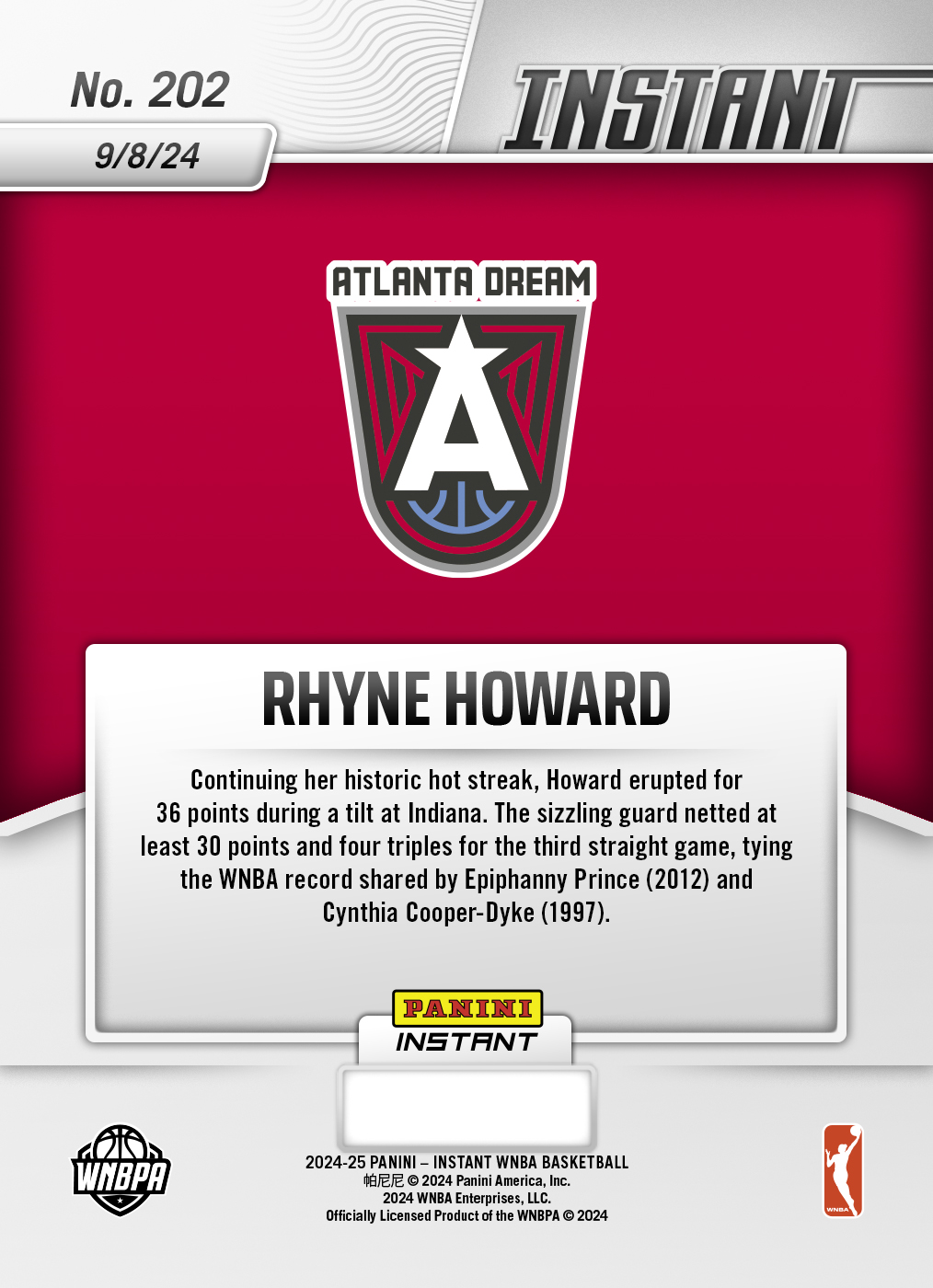 Rhyne Howard - 2024 Panini Instant WNBA #202 - Jaguar /10 - Image 2