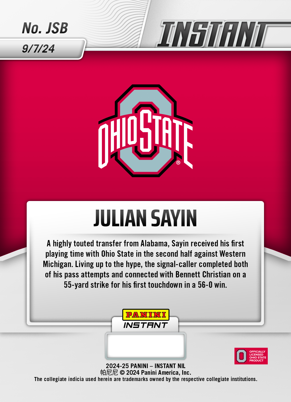 Julian Sayin - 2024 Panini Instant College Football #JSB - Jungle /25 Auto - Image 2