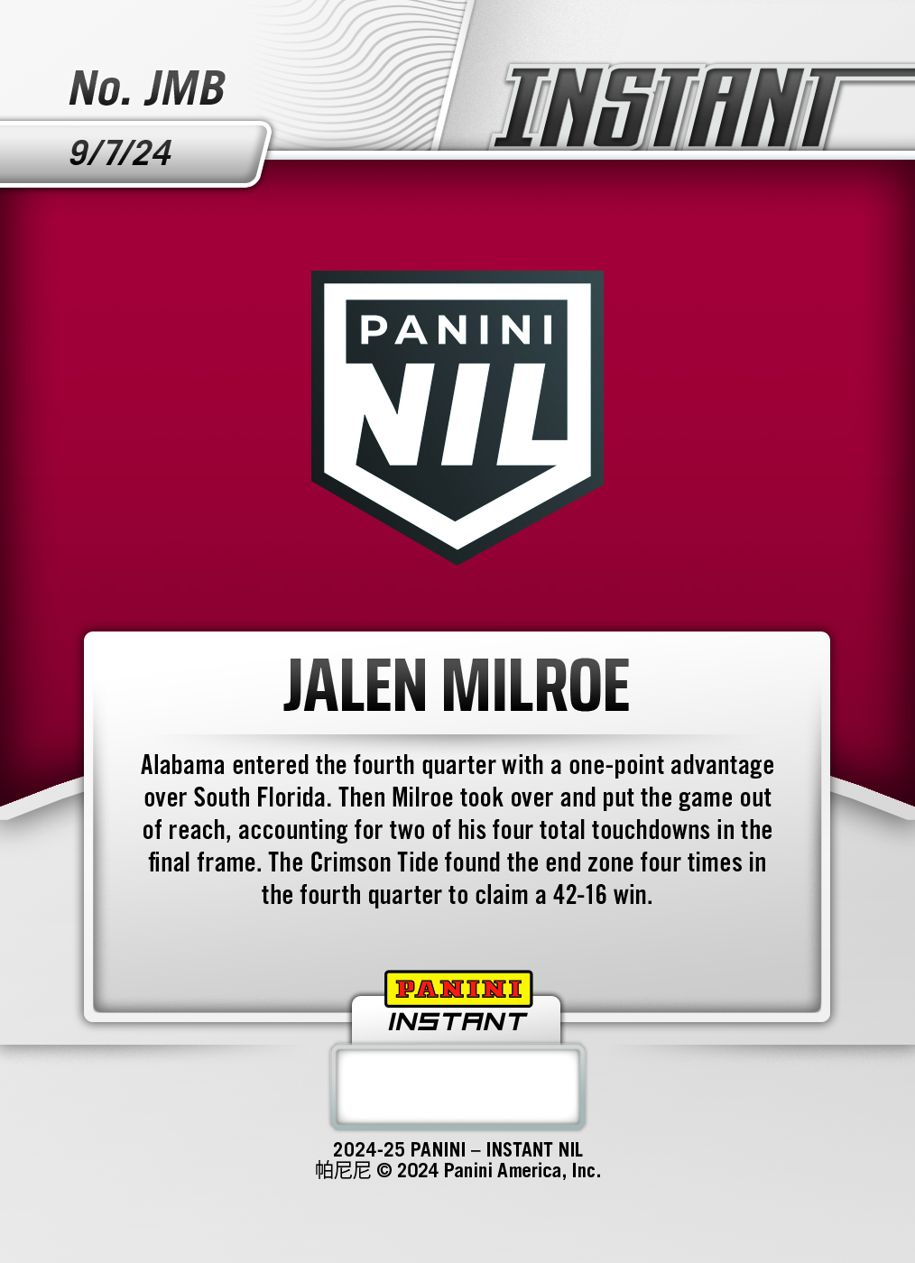 Jalen Milroe - 2024 Panini Instant College Football #JMB - Jaguar /10 Auto - Image 2