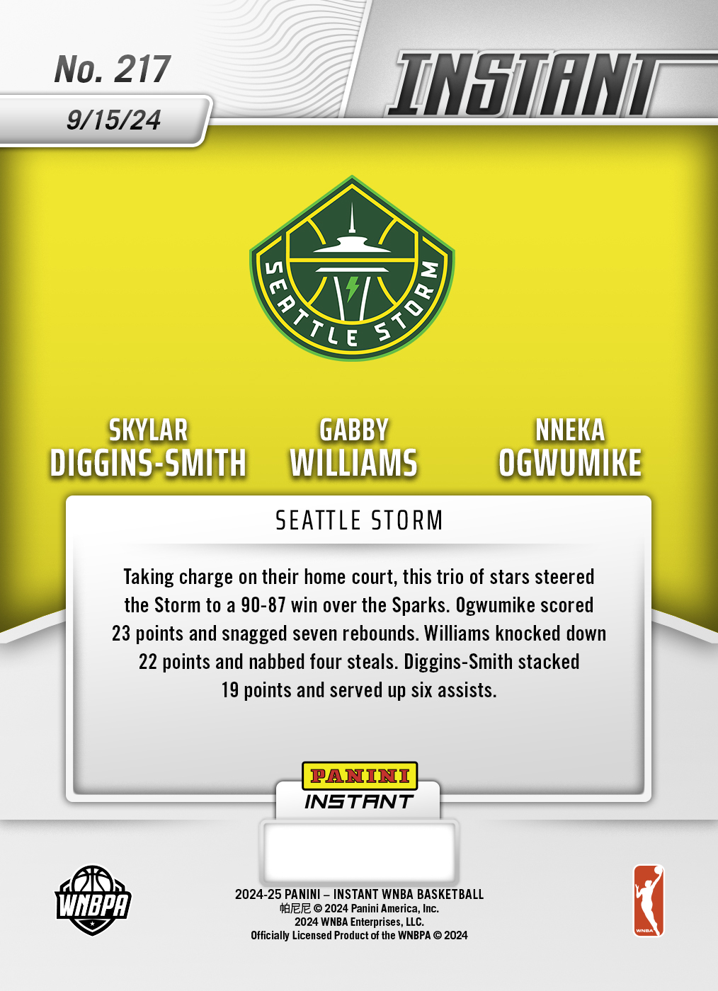 Skylar Diggins-Smith/Gabby Williams/Nneke Ogwumike - 2024 Panini Instant WNBA #217 - Jungle /25 - Image 2