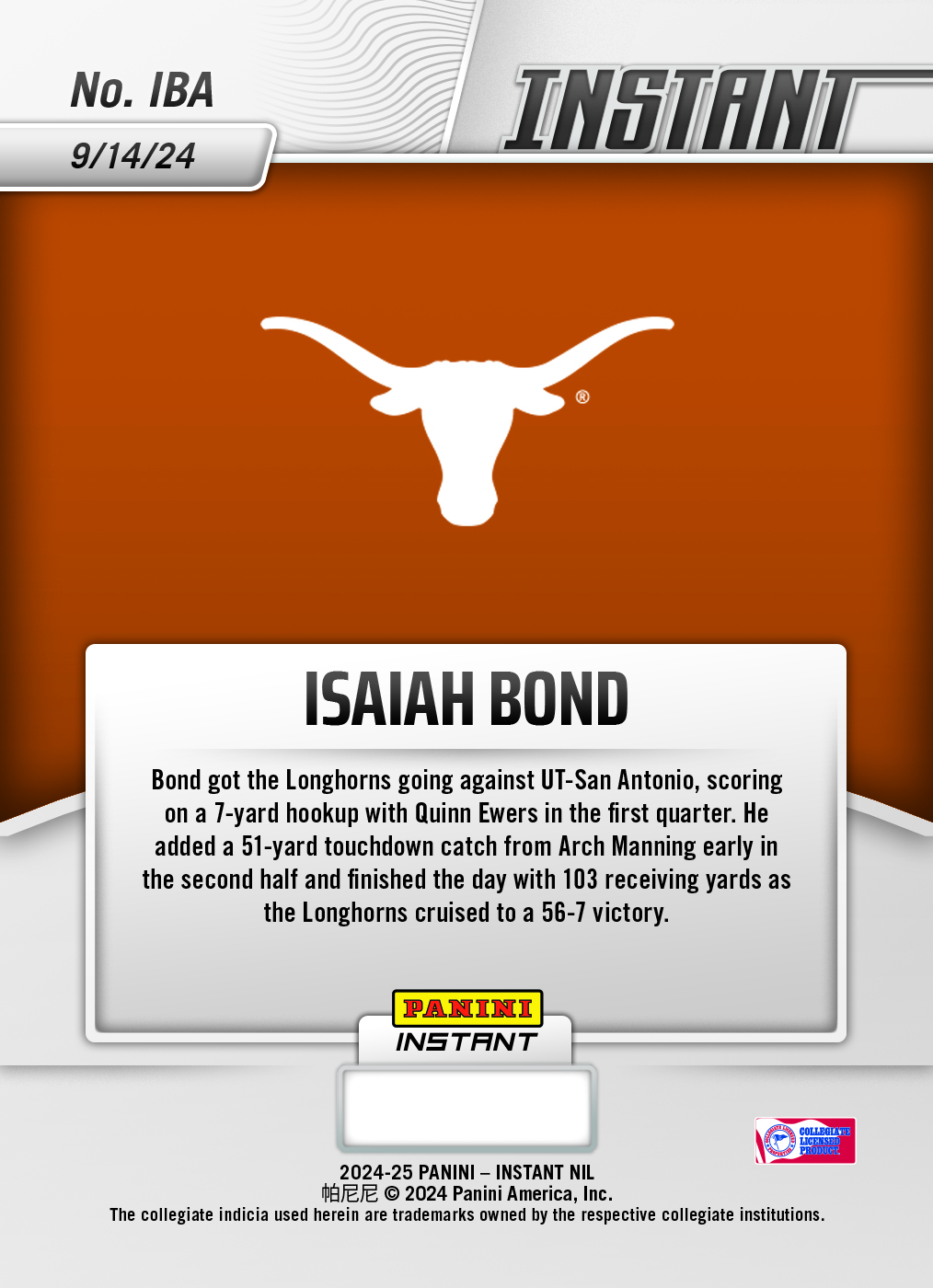 Isaiah Bond - 2024 Panini Instant College Football #IBA - Jungle /25 Auto - Image 2