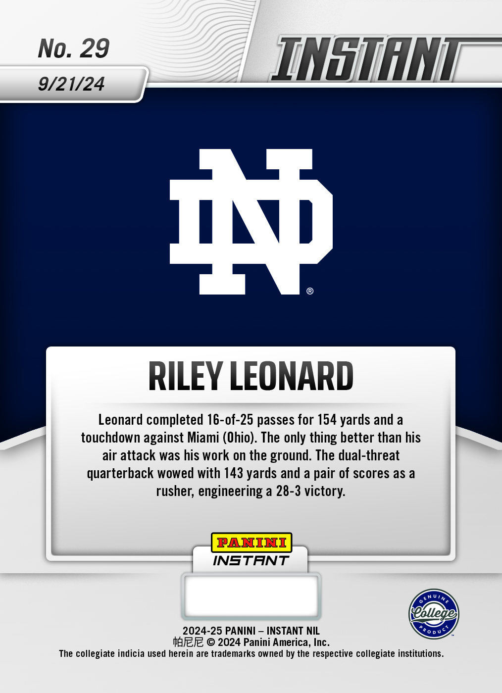 Riley Leonard - 2024 Panini Instant College Football #RLB - White Tiger /5 - Image 2