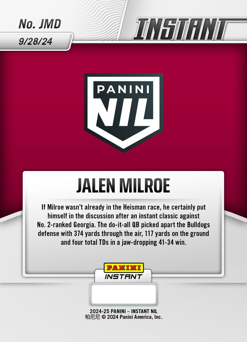 Jalen Milroe - 2024 Panini Instant College Football #JMD - Jaguar /10 Auto - Image 2