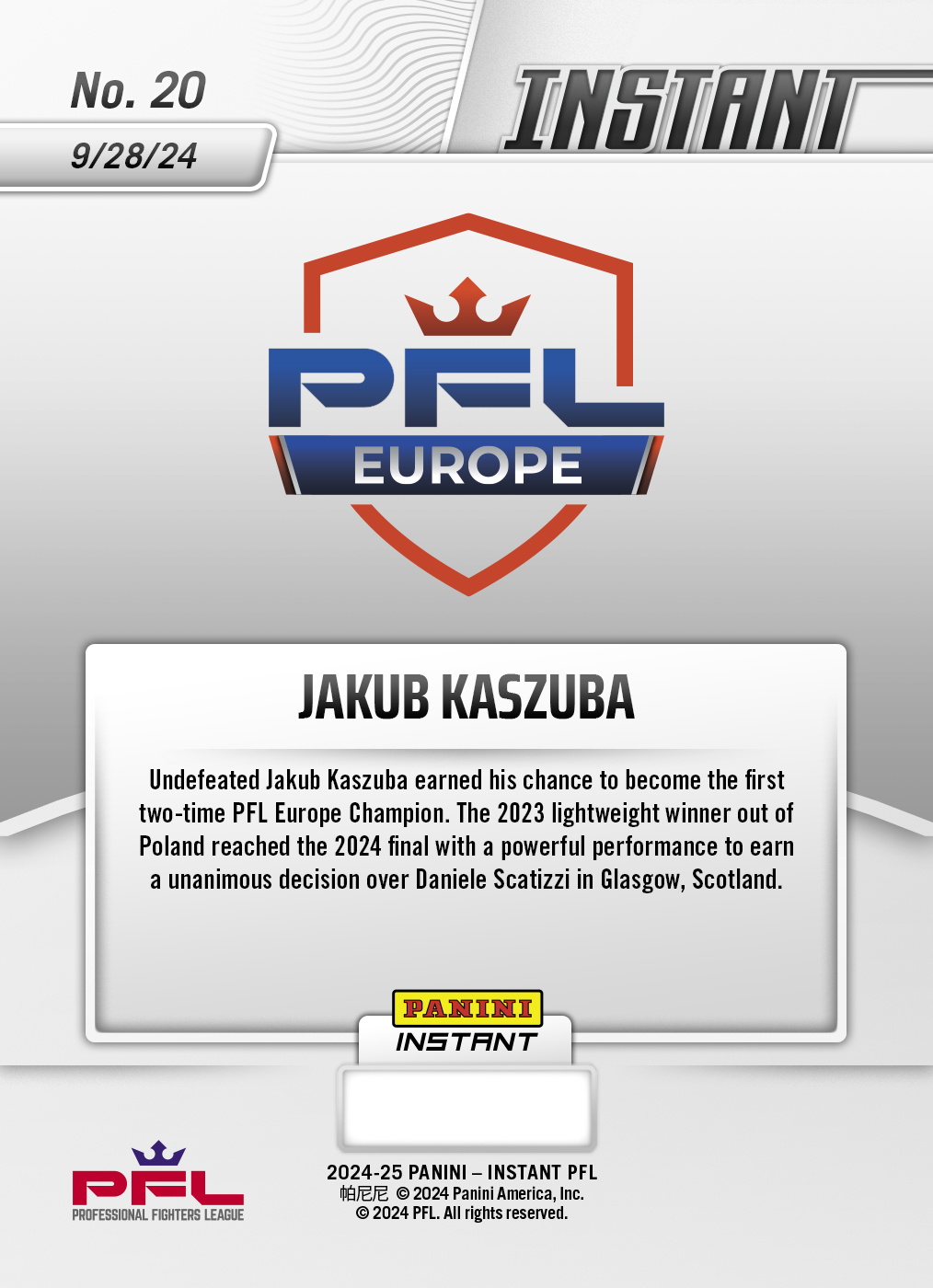 Jakub Kaszuba - 2024 Panini Instant PFL #20 - White Tiger /5 - Image 2