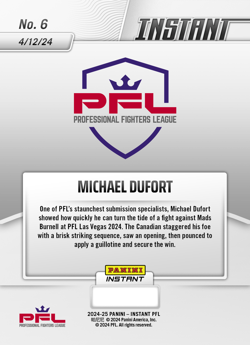 Michael Dufort - 2024 Panini Instant PFL Season Highlights #6 - Blue Viper 1/1 - Image 2