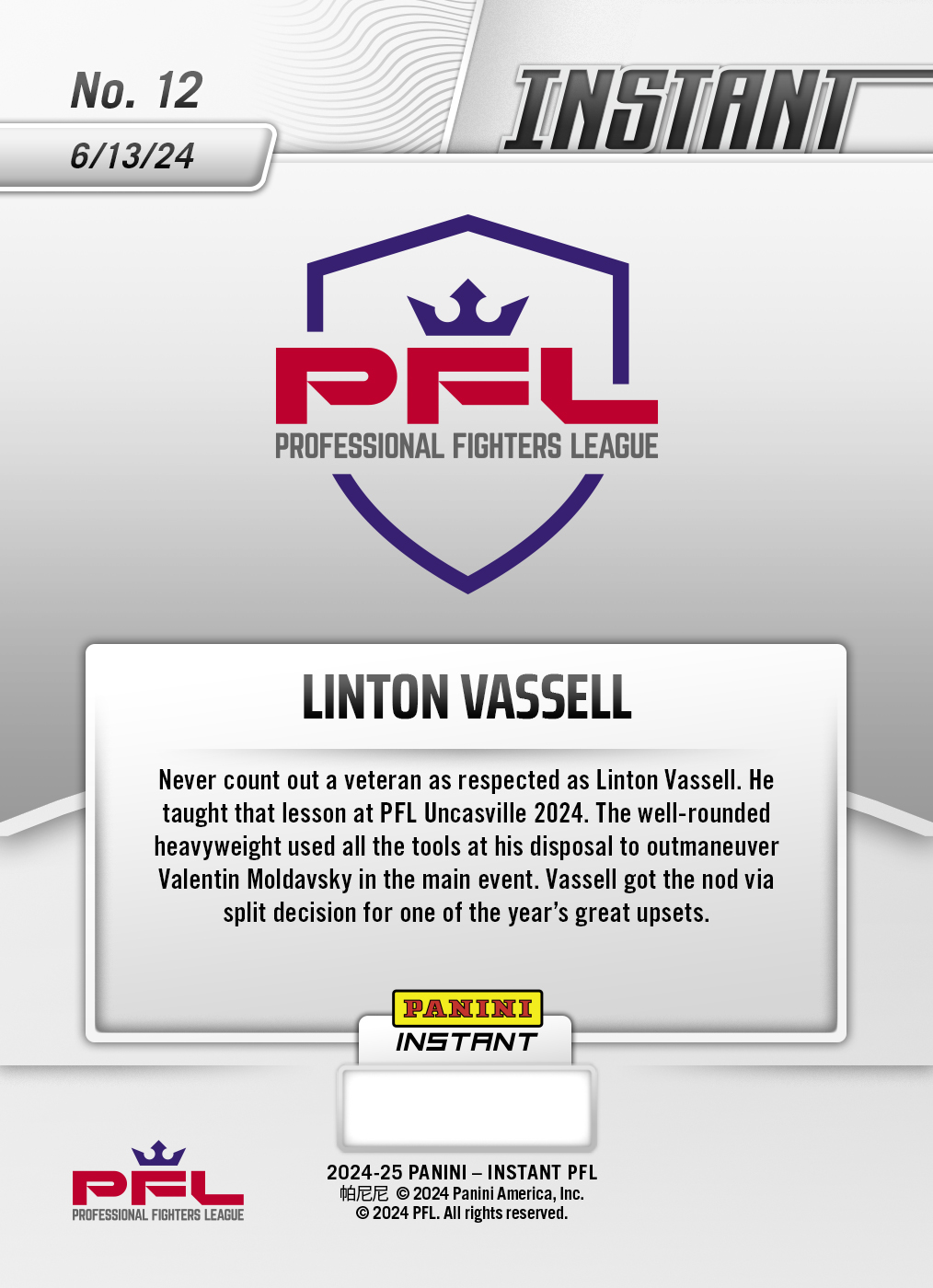 Linton Vassell - 2024 Panini Instant PFL Season Highlights #12 - White Tiger /5 - Image 2