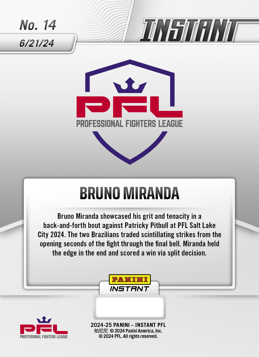 Bruno Miranda - 2024 Panini Instant PFL Season Highlights #14 - White Tiger /5 - Image 2