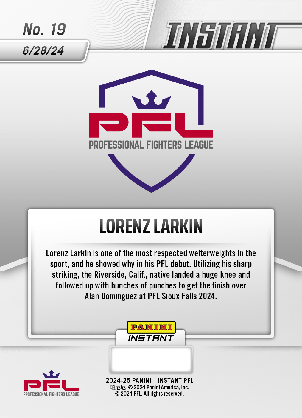 Lorenz Larkin - 2024 Panini Instant PFL Season Highlights #19 - White Tiger /5 - Image 2