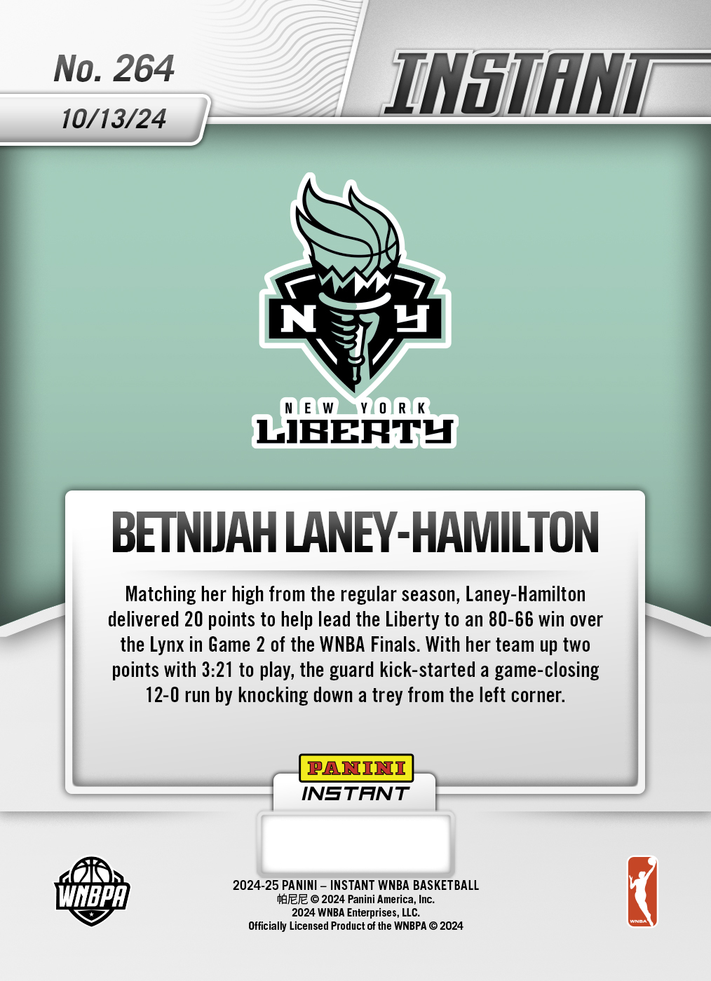 Betnijah Laney-Hamilton - 2024 Panini Instant WNBA #264 - White Tiger /5 - Image 2