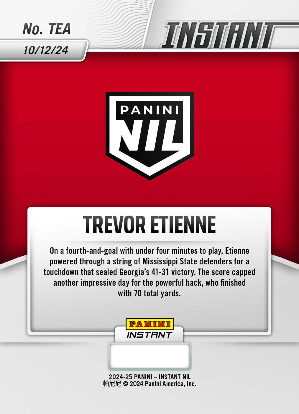 Trevor Etienne - 2024 Panini Instant College Football #TEA - White Tiger /5 - Image 2