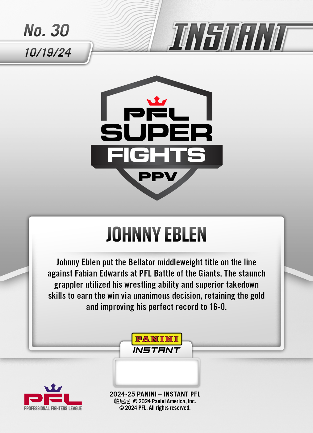 Johnny Eblen - 2024 Panini Instant PFL #30 - White Tiger /5 - Image 2