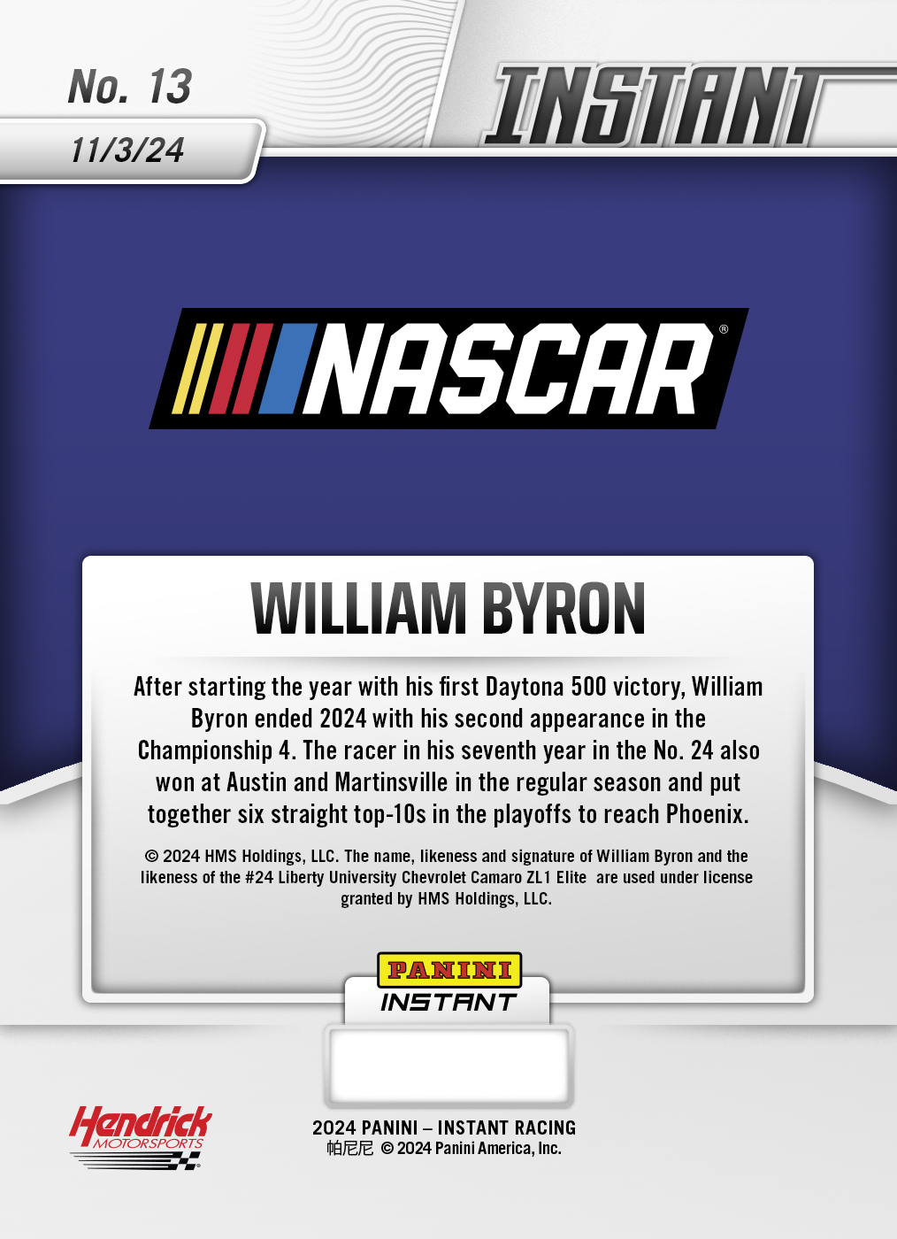 William Byron - 2024 Panini Instant NASCAR #13 - Jaguar /10 - Image 2