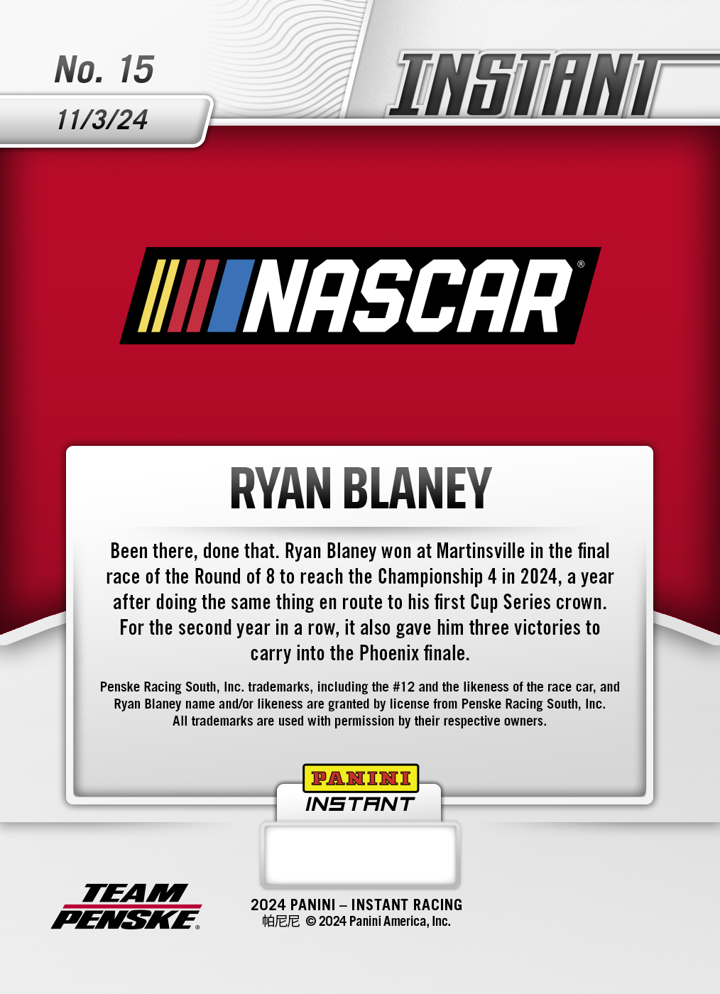 Ryan Blaney - 2024 Panini Instant NASCAR #15 - Jaguar /10 - Image 2
