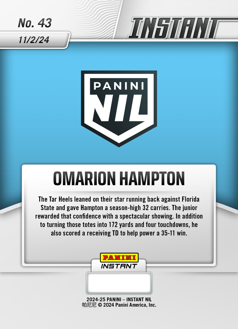 Omarion Hampton - 2024 Panini Instant College Football #OHA - Jungle /25 Auto - Image 2