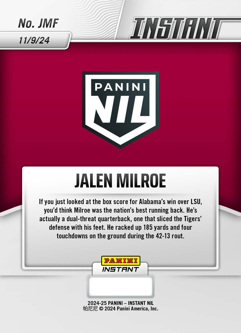 Jalen Milroe - 2024 Panini Instant College Football #JMF - Jaguar /10 Auto - Image 2