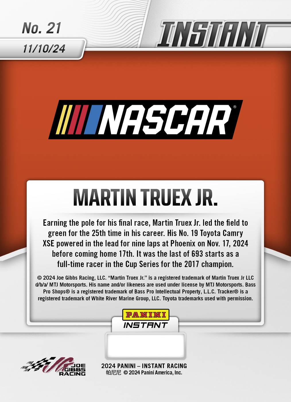 Martin Truex Jr. - 2024 Panini Instant NASCAR #21 - Jaguar /10 - Image 2