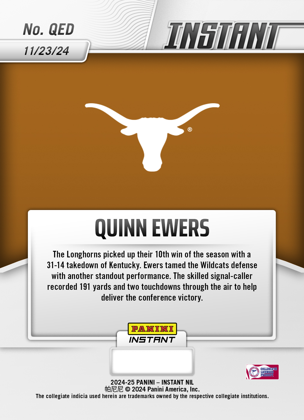 Quinn Ewers - 2024 Panini Instant College Football #QED - Base /99 Auto - Image 2