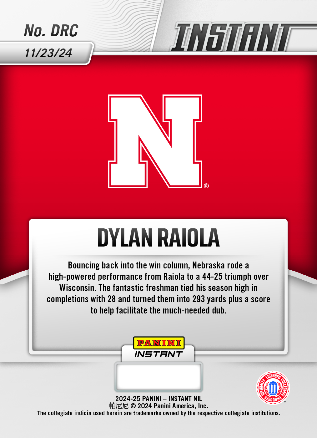 Dylan Raiola - 2024 Panini Instant College Football #DRC - Jaguar /10 Auto - Image 2