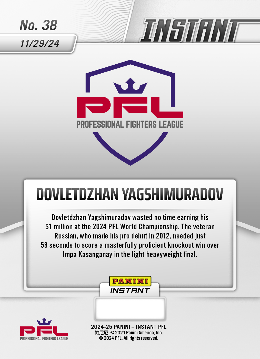 Dovletdzhan Yagshimuradov - 2024 Panini Instant PFL #38 - Blue Viper 1/1 - Image 2