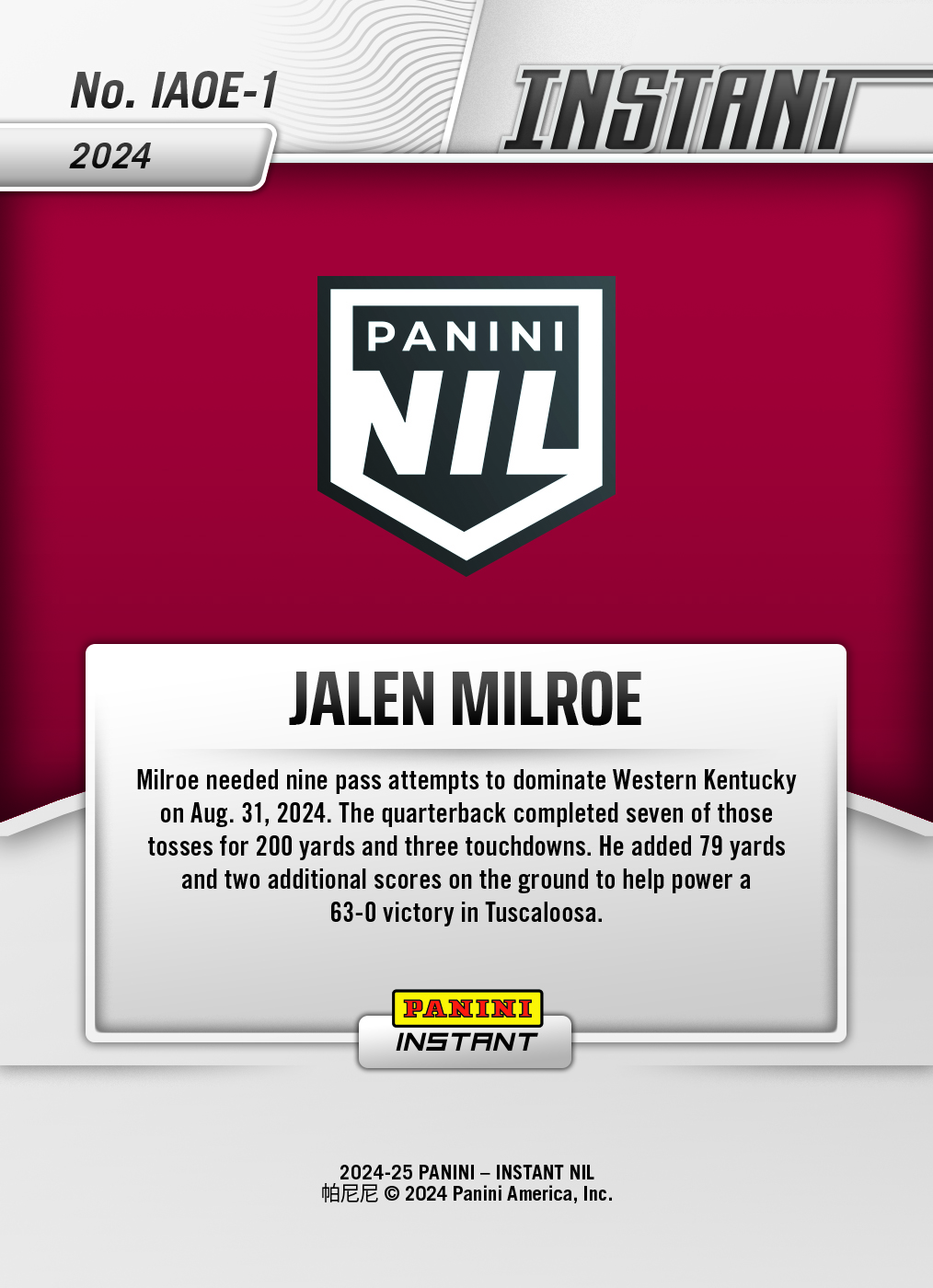 Jalen Milroe - 2024 Panini Instant College Football #IAOE-1 - Open Edition Auto - Image 2