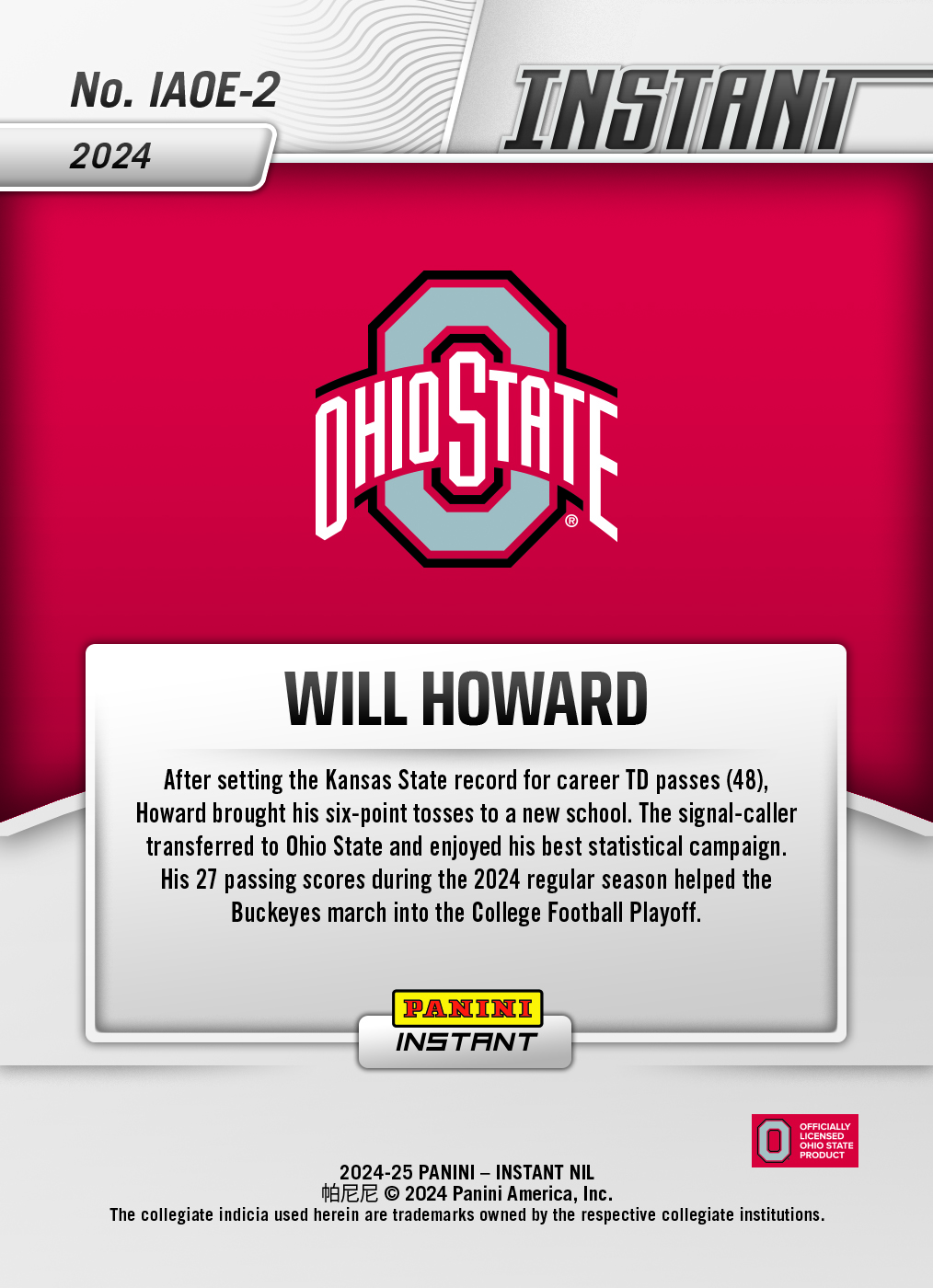 Will Howard - 2024 Panini Instant College Football #IAOE-2 - Open Edition Auto - Image 2