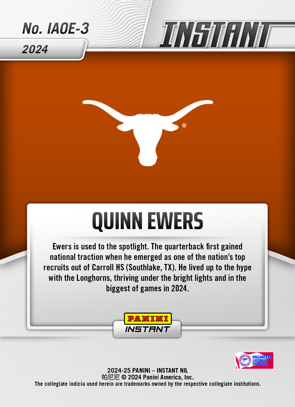 Quinn Ewers - 2024 Panini Instant College Football #IAOE-3 - Open Edition Auto - Image 2