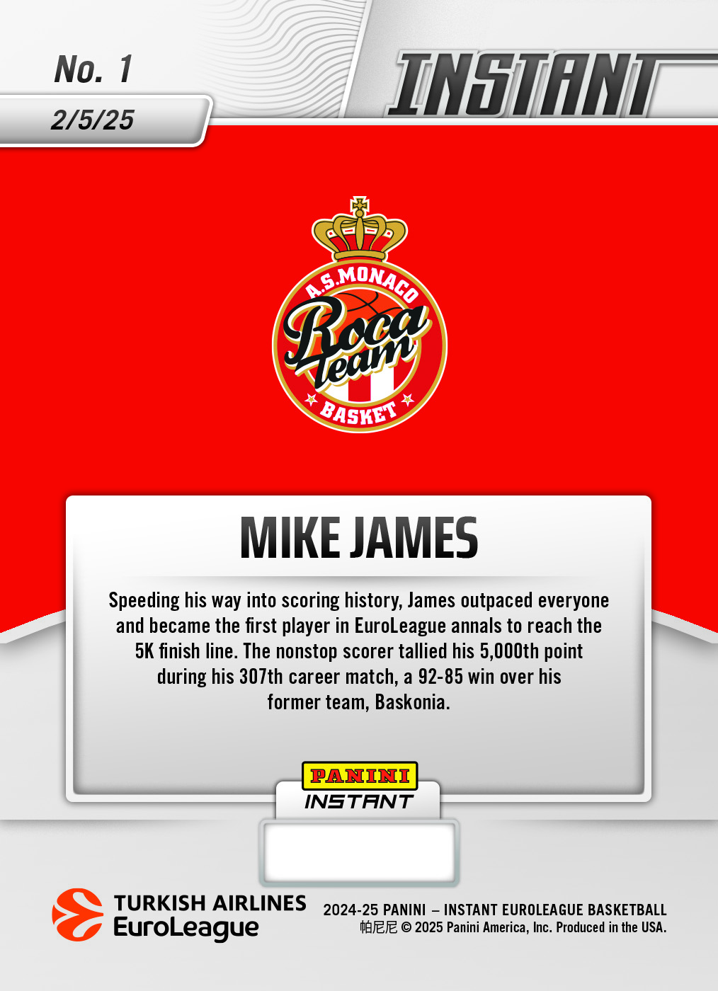 Mike James - 2024-25 Panini Instant Turkish Airlines EuroLeague #1 - Lightning /5 - Image 2