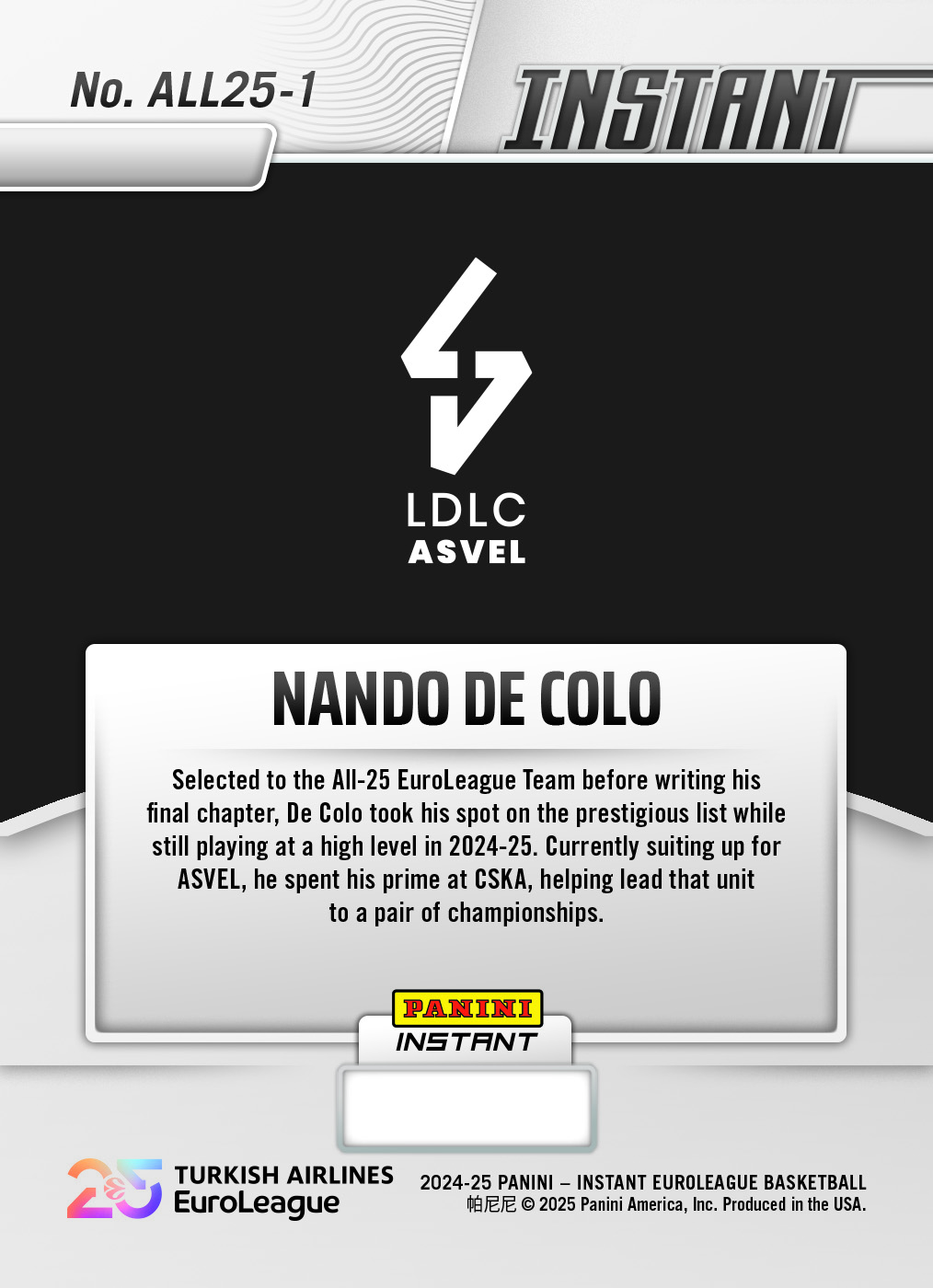 Nando De Colo - 2024-25 Panini Instant Turkish Airlines EuroLeague All-25 EuroLeague Team #ALL25-1 - Lightning /5 - Image 2