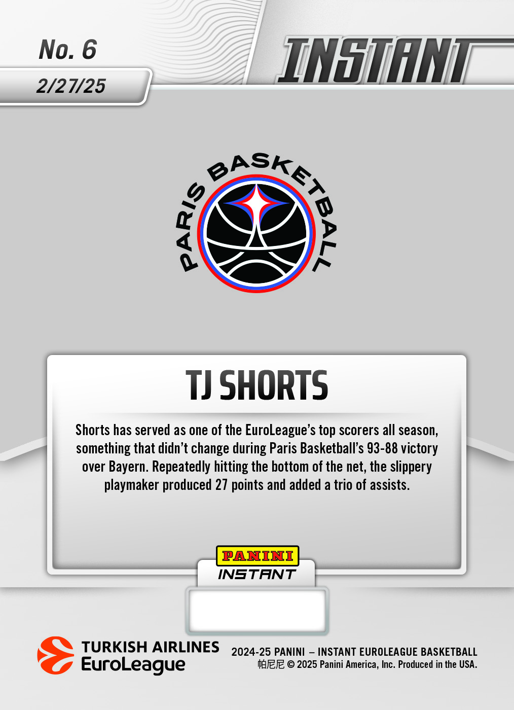 T.J. Shorts - 2024-25 Panini Instant Turkish Airlines EuroLeague #6 - Lightning /5 - Image 2