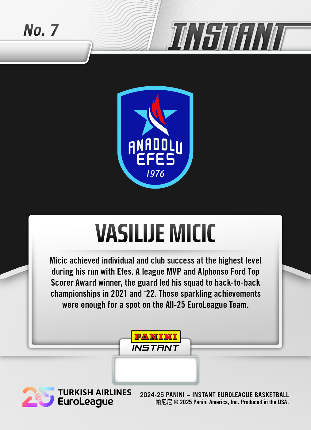 Vasilije Micic - 2024-25 Panini Instant Turkish Airlines EuroLeague All-25 EuroLeague Team #ALL25-7 - Magma 1/1 - Image 2