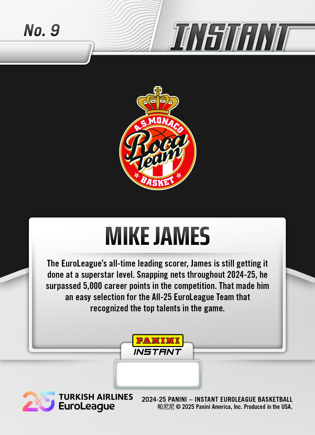Mike James - 2024-25 Panini Instant Turkish Airlines EuroLeague All-25 EuroLeague Team #ALL25-9 - Water /10 Auto - Image 2