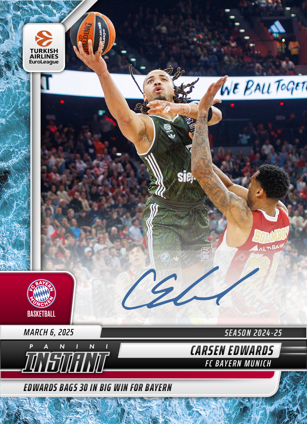 Carsen Edwards - 2024-25 Panini Instant Turkish Airlines EuroLeague #8 - Water /10 Auto