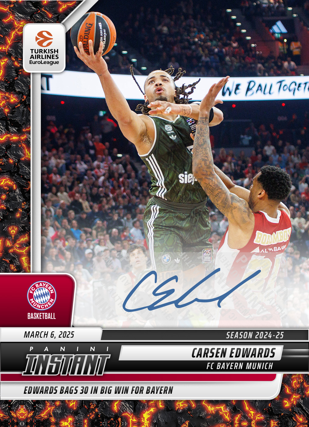 Carsen Edwards - 2024-25 Panini Instant Turkish Airlines EuroLeague #8 - Magma 1/1 Auto