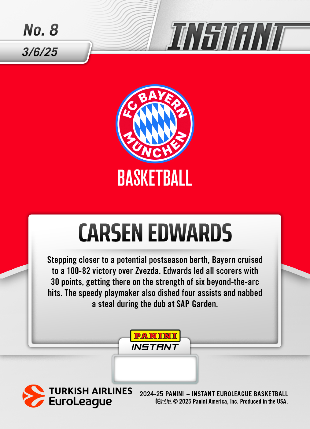 Carsen Edwards - 2024-25 Panini Instant Turkish Airlines EuroLeague #8 - Lightning /5 - Image 2