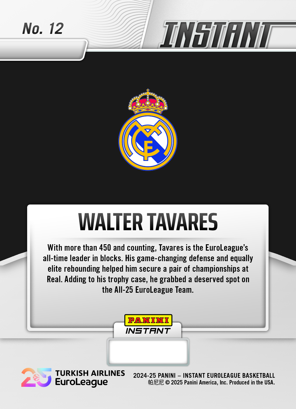 Walter Tavares - 2024-25 Panini Instant Turkish Airlines EuroLeague All-25 EuroLeague Team #ALL25-12 - Lightning /5 - Image 2